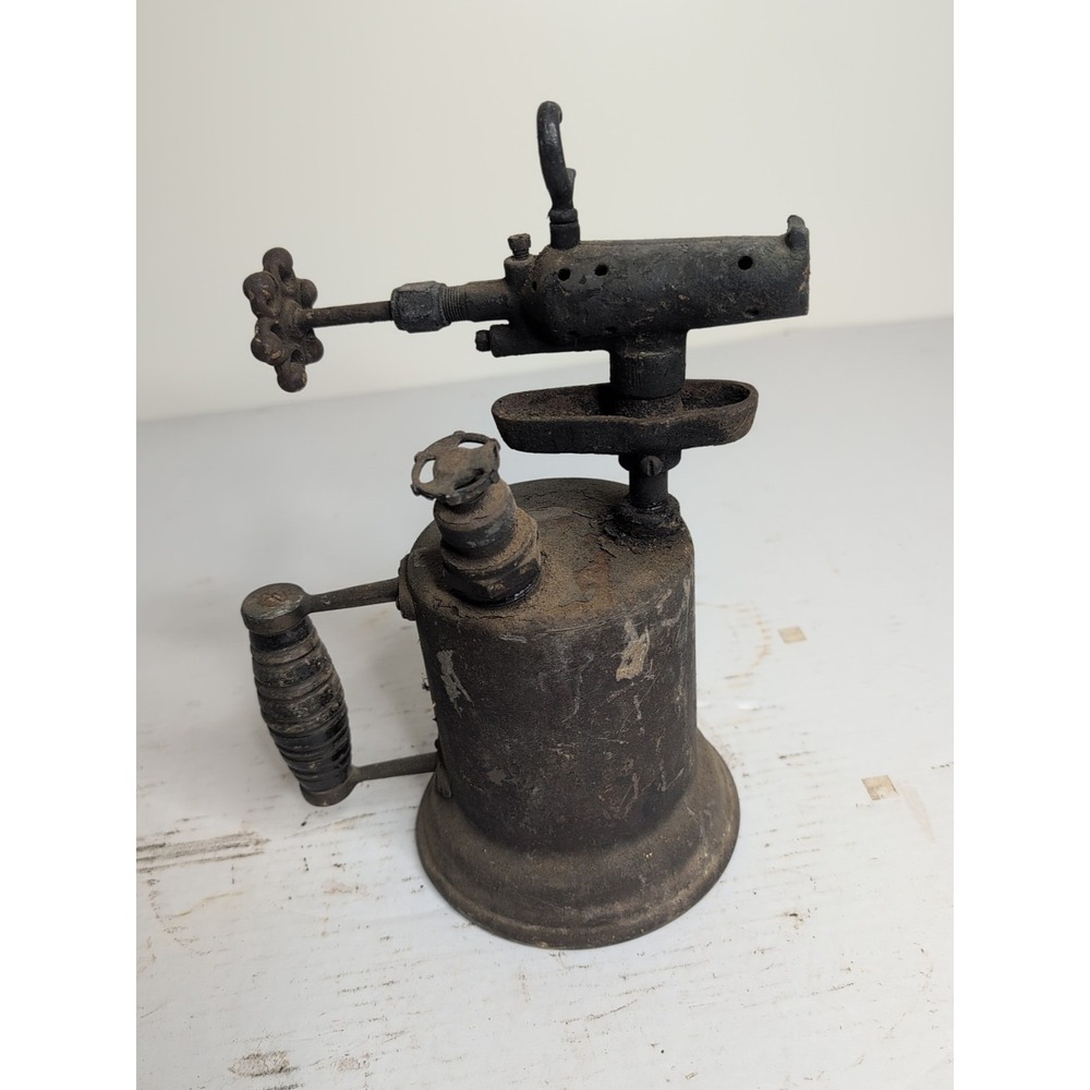 Vintage Antique Primitive Brass Metal Blow Torch Wood Handle Hand Tool